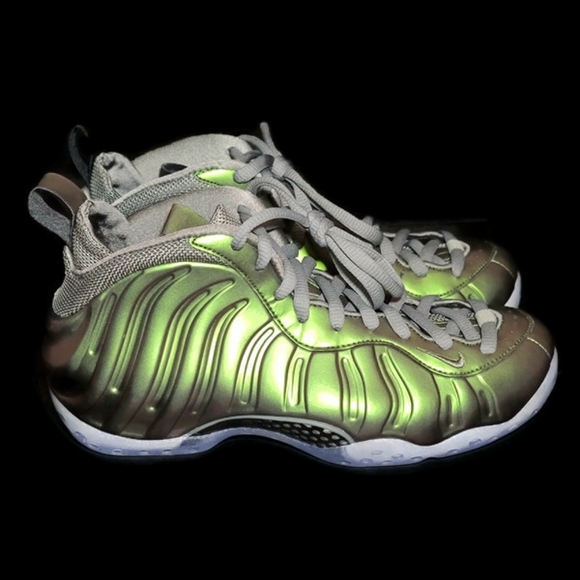 silver and lime green foamposites